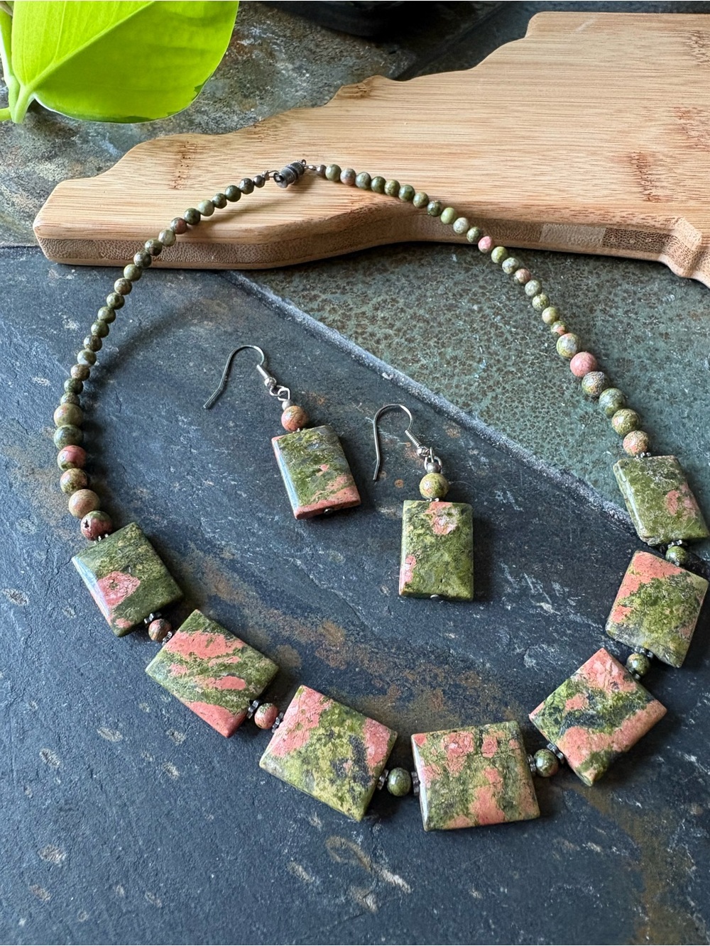 Handcrafted Unakite Green & Pink Stone Necklace and Earring Set